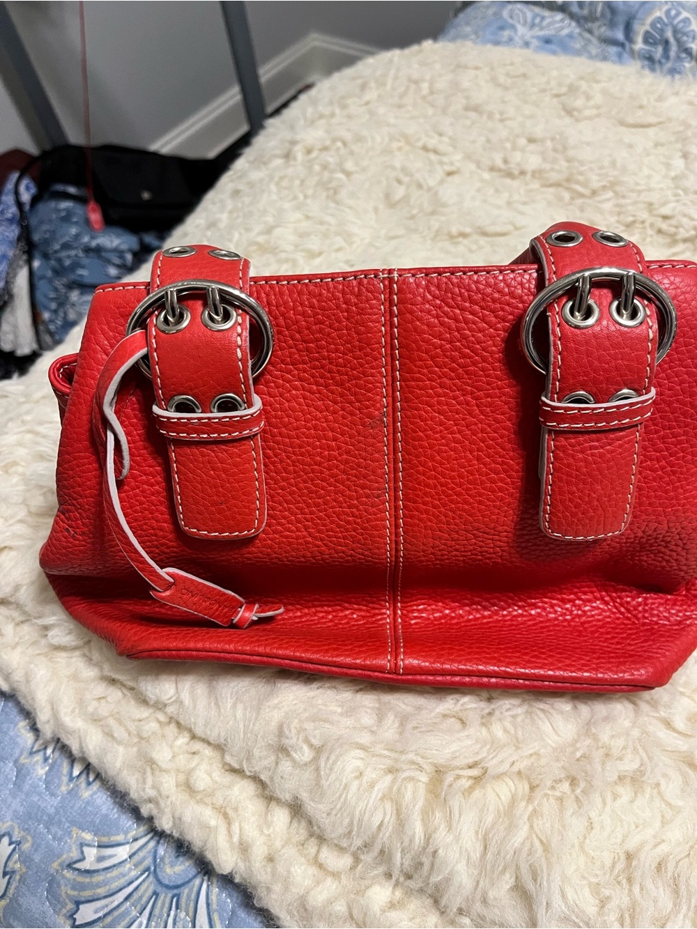 Bandolino Red Pebbled Leather Shoulder Bag with Buckle Accents